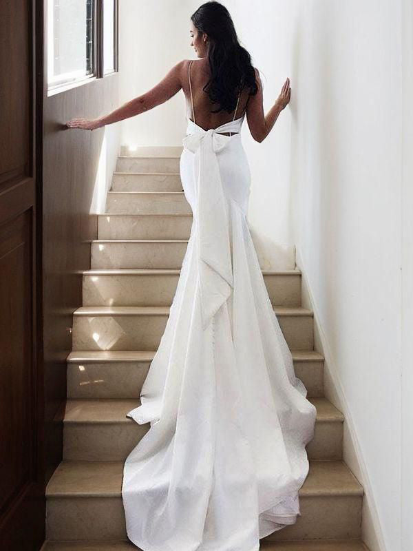 Sheath V-neck Bow Chapel Train Stretch Crepe Wedding Dress