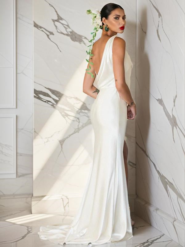 Sheath Ruched Sweep Train Silk like Satin Wedding Dress