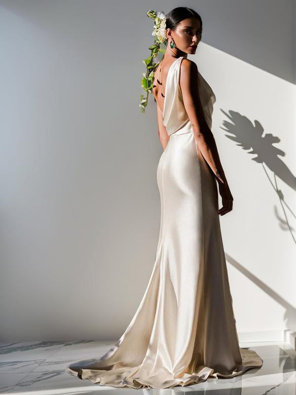 Sheath Ruched Sweep Train Silk like Satin Wedding Dress