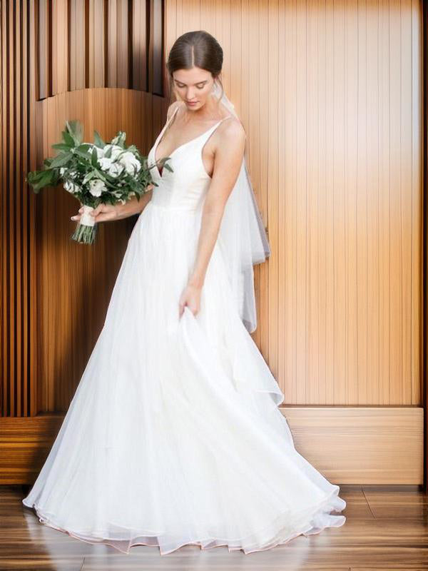 A-line V-neck Sweep Train Tulle Wedding Dress