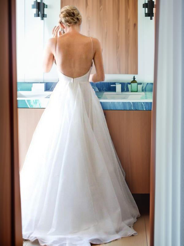 A-line V-neck Sweep Train Tulle Wedding Dress