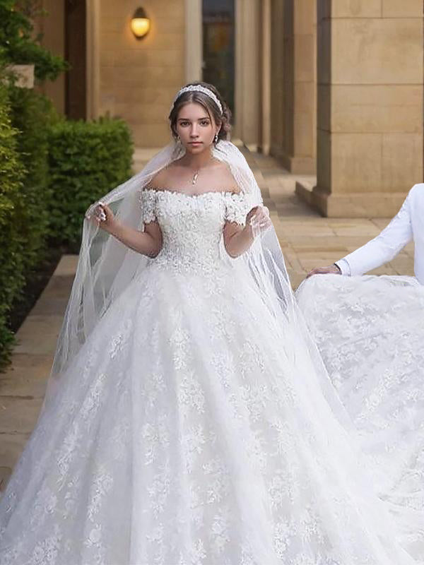 Ball-Gown Off-the-Shoulder Short Sleeves Appliques Lace Court Train Tulle Wedding Dress