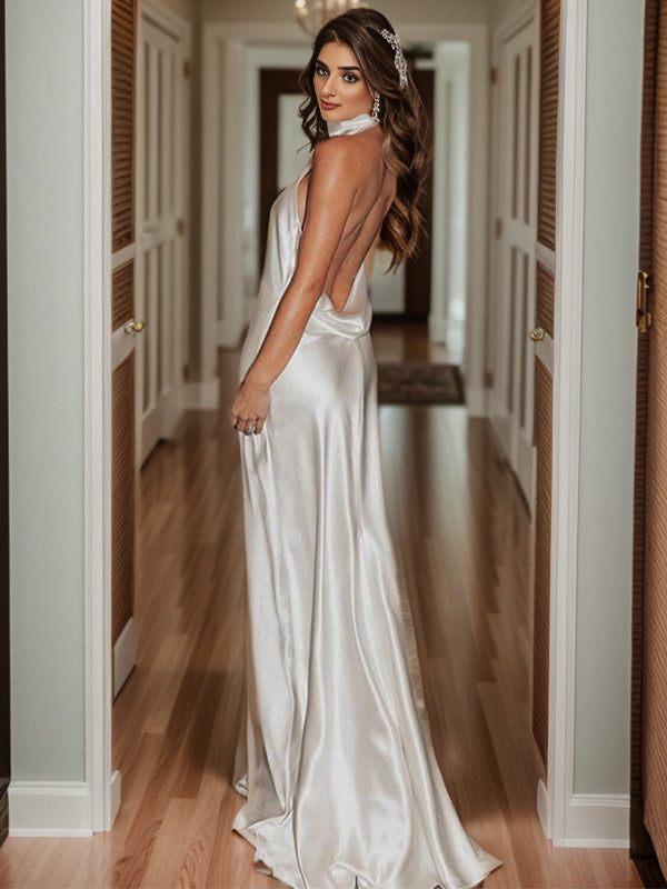 Sheath Halter Sweep Train Silk like Satin Wedding Dress
