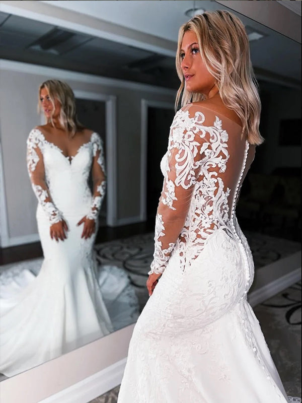 Mermaid Scoop Long Sleeves Appliques Lace Cathedral Train Stretch Crepe Wedding Dress