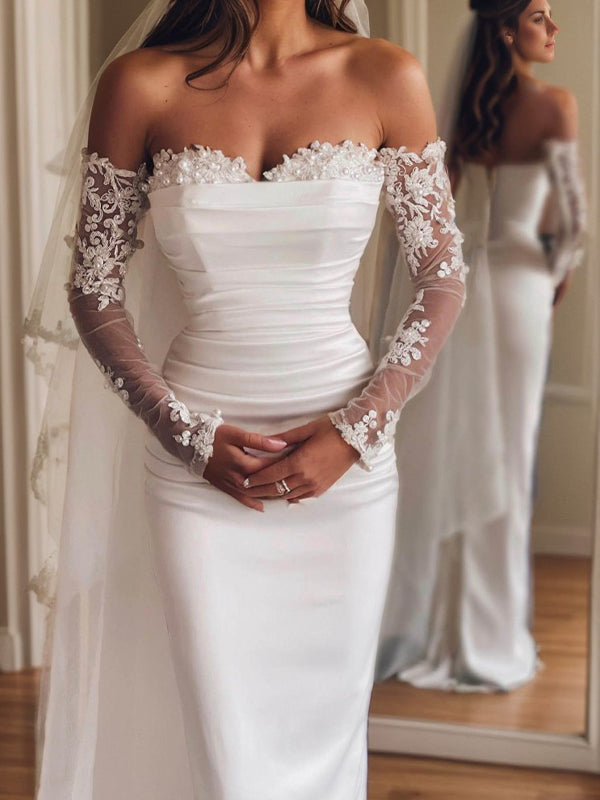 Sheath Sweetheart Beading Floor-Length Satin Convertible Wedding Dress