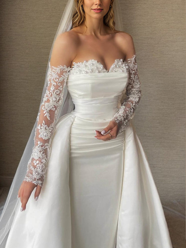 Sheath Sweetheart Beading Floor-Length Satin Convertible Wedding Dress