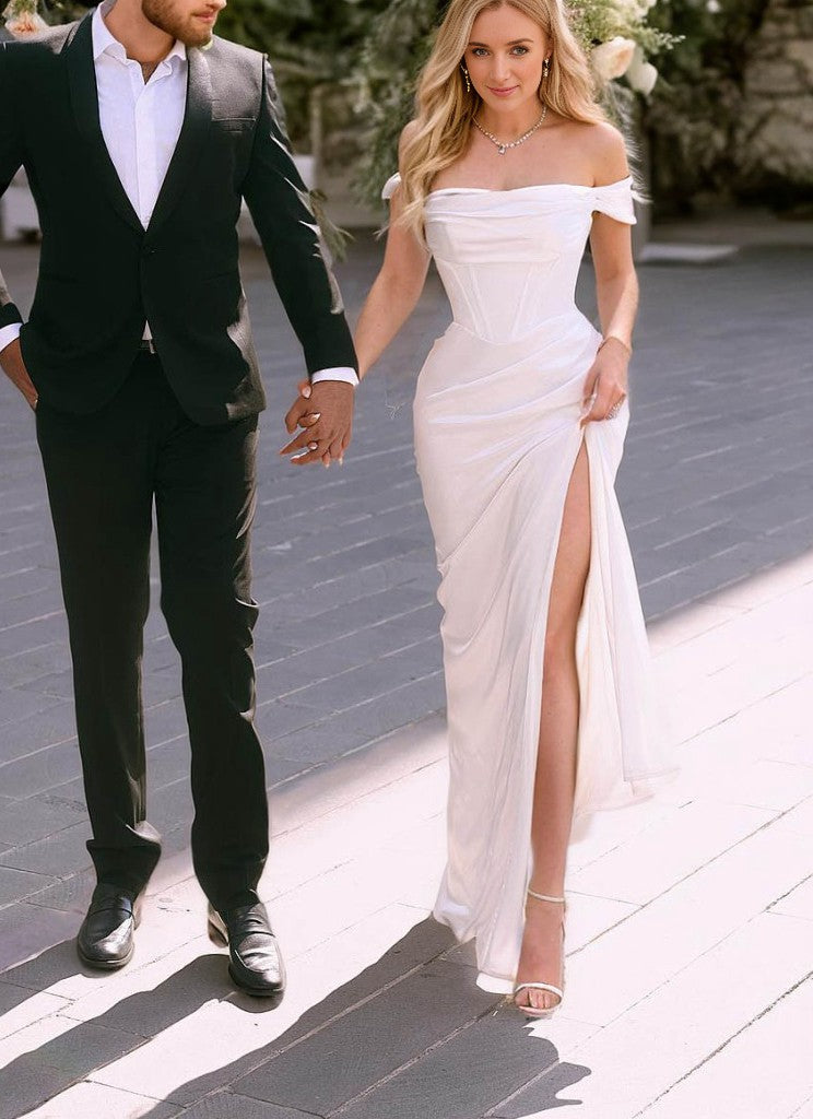 Sheath Off-the-Shoulder Pleated Floor-Length Silk like Satin Corset Wedding Dress