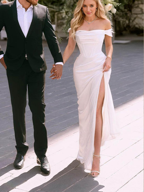 Sheath Off-the-Shoulder Pleated Floor-Length Silk like Satin Corset Wedding Dress