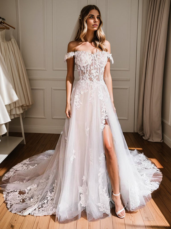 A-line Off-the-Shoulder Appliques Lace Chapel Train Tulle Corset Wedding Dress