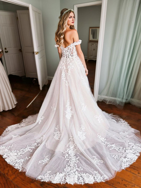 A-line Off-the-Shoulder Appliques Lace Chapel Train Tulle Corset Wedding Dress