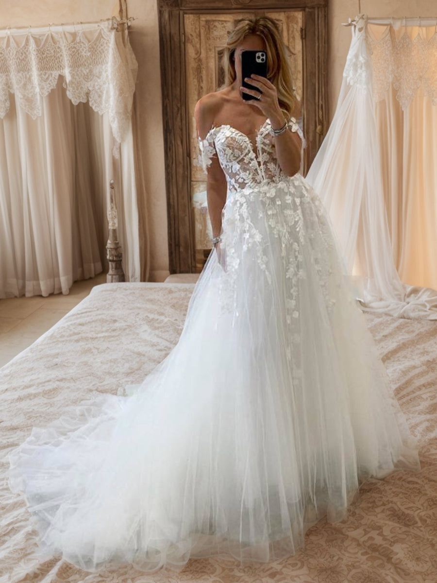 A-line Off-the-Shoulder Appliques Lace Court Train Tulle Corset Wedding Dress