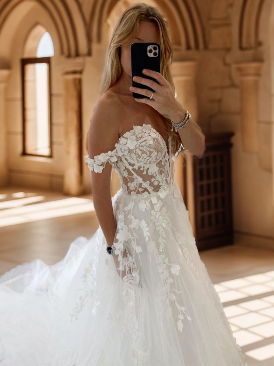 A-line Off-the-Shoulder Appliques Lace Court Train Tulle Corset Wedding Dress