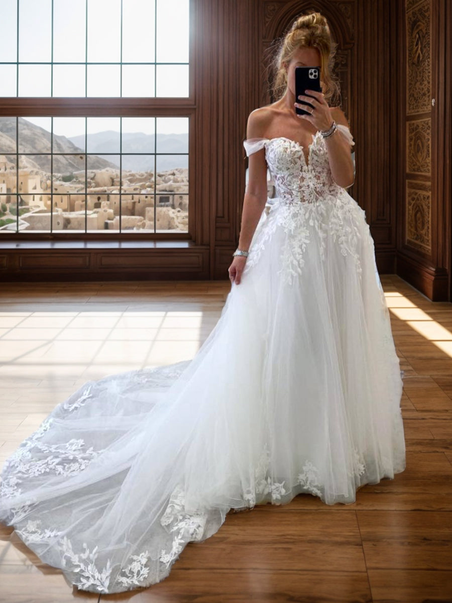 A-line Off-the-Shoulder Appliques Lace Chapel Train Tulle Wedding Dress