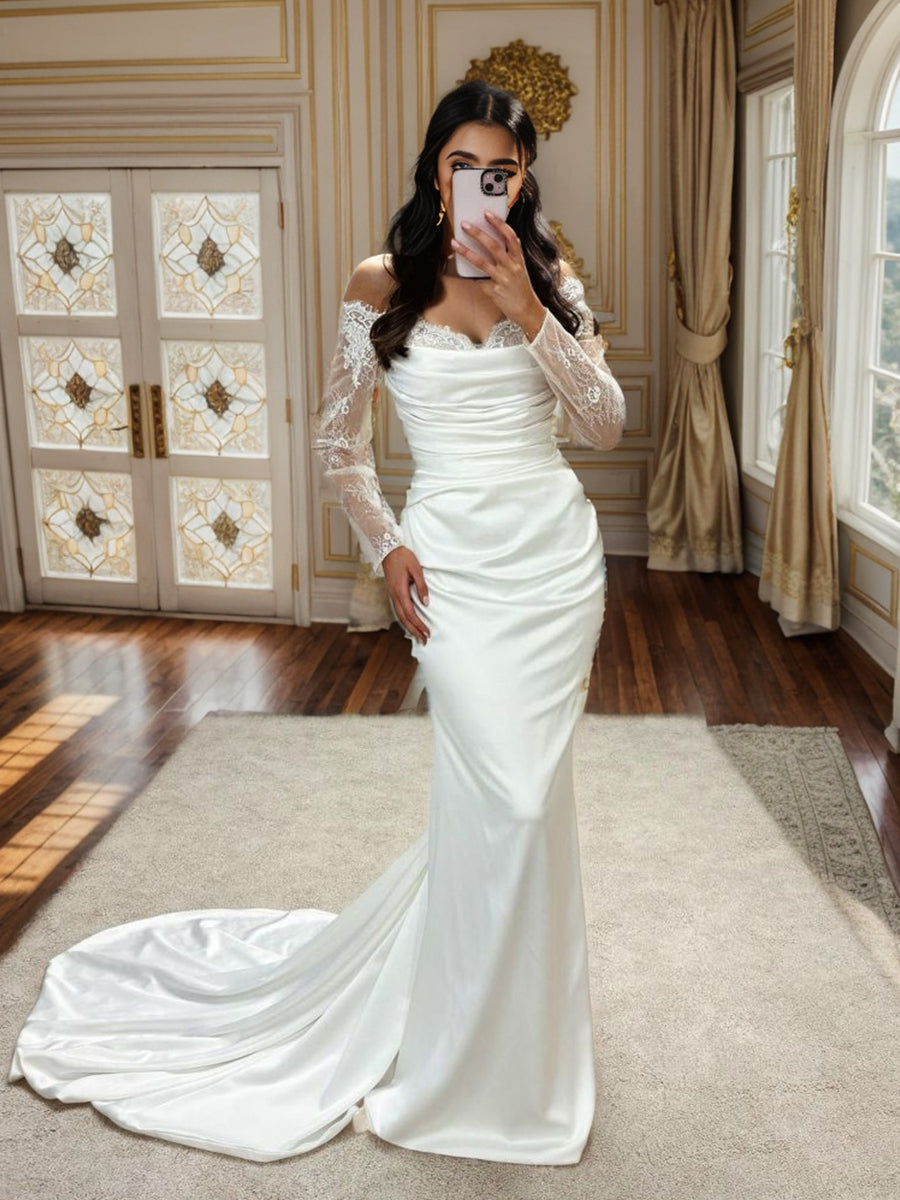 Sheath Off-the-Shoulder Long Sleeves Appliques Lace Court Train Silk like Satin Wedding Dress