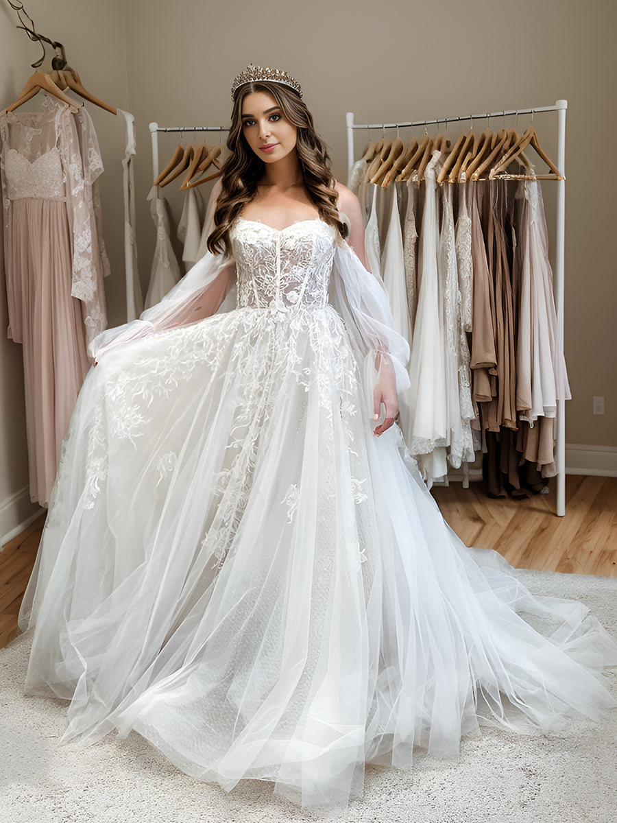 A-line Off-the-Shoulder Long Sleeves Appliques Lace Chapel Train Tulle Corset Wedding Dress