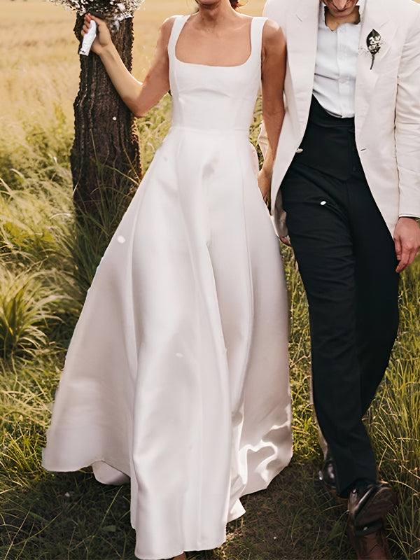 A-line Square Floor-Length Satin Wedding Dress
