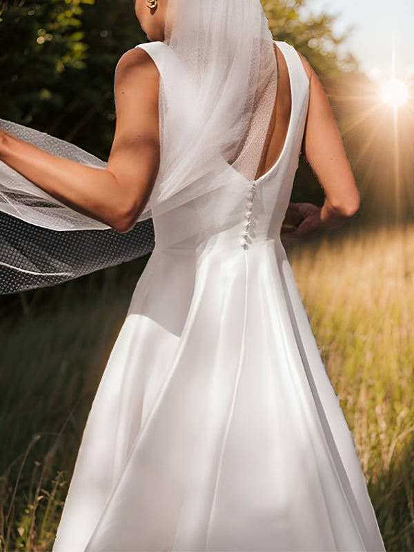A-line Square Floor-Length Satin Wedding Dress