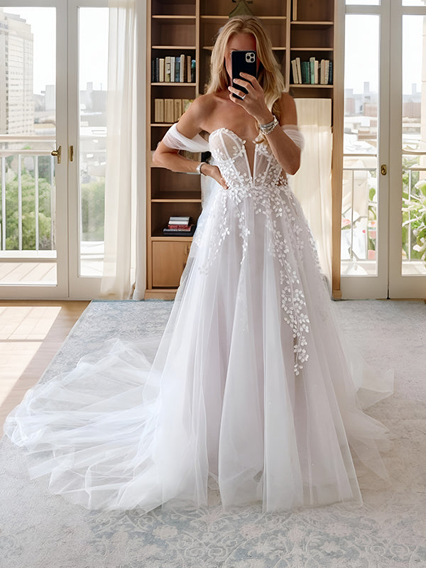A-line Sweetheart Appliques Lace Chapel Train Tulle Corset Convertible Wedding Dress