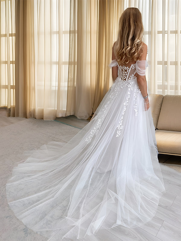 A-line Sweetheart Appliques Lace Chapel Train Tulle Corset Convertible Wedding Dress