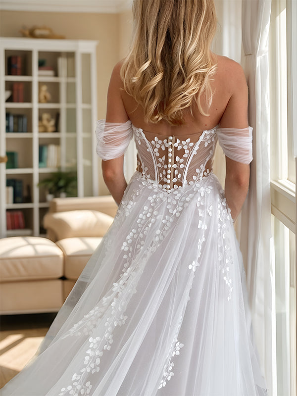 A-line Sweetheart Appliques Lace Chapel Train Tulle Corset Convertible Wedding Dress