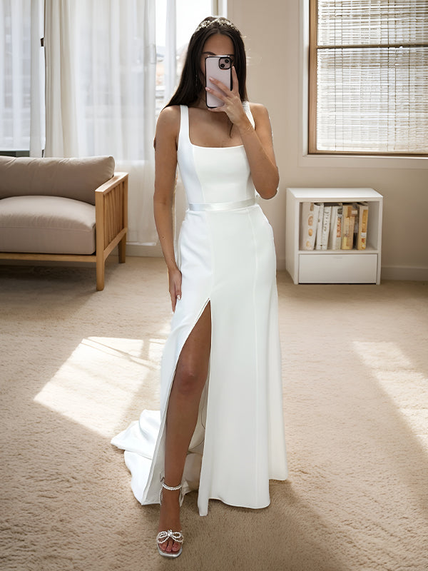 Sheath Square Sweep Train Stretch Crepe Wedding Dress