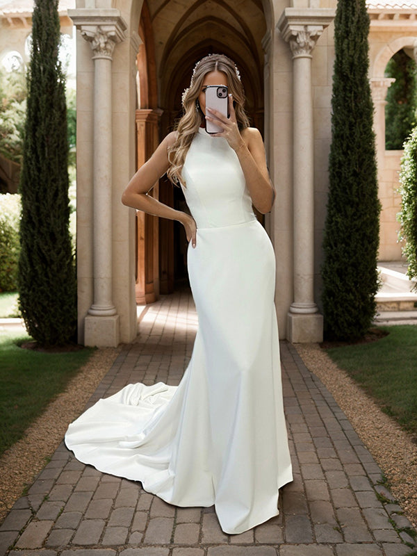 Sheath Halter Court Train Stretch Crepe Wedding Dress