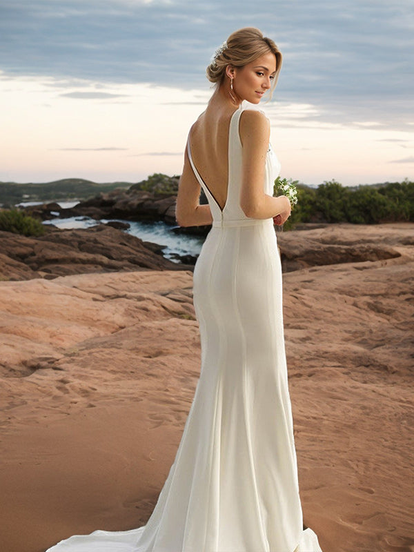 Sheath V-neck Court Train Stretch Crepe Wedding Dress