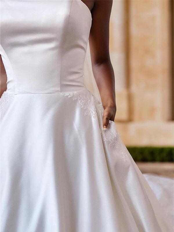 A-line Straight Appliques Lace Cathedral Train Satin Wedding Dress