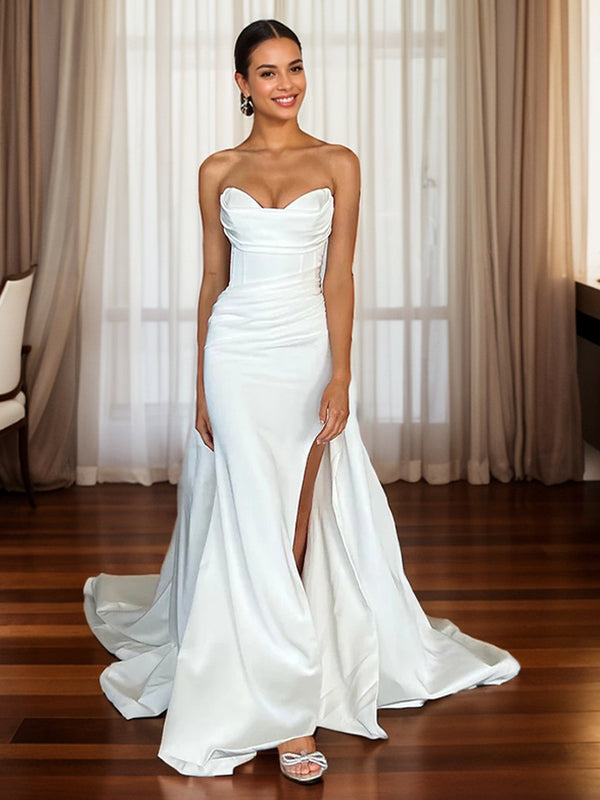 Sheath Sweetheart Pleated Chapel Train Satin Corset Wedding Dress
