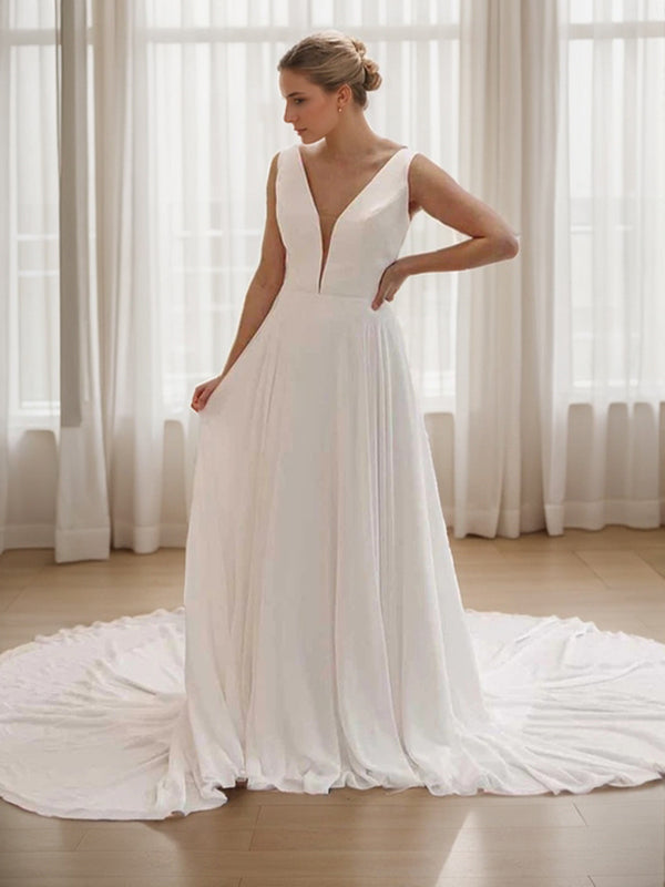 A-line V-neck Appliques Lace Chapel Train Chiffon Wedding Dress