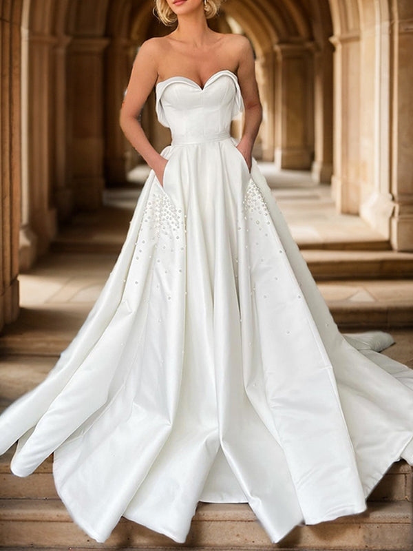 A-line Sweetheart Beading Court Train Satin Wedding Dress