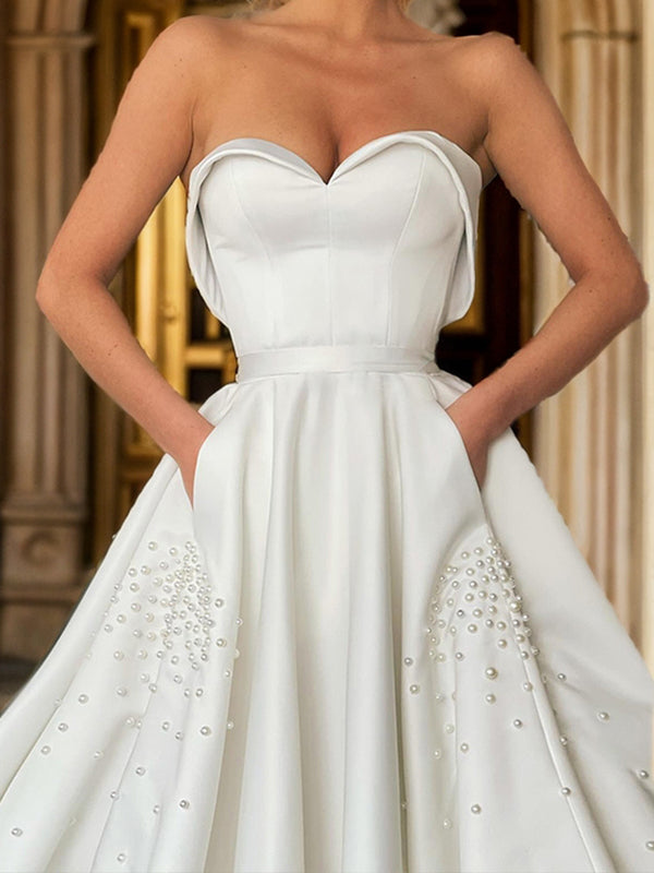 A-line Sweetheart Beading Court Train Satin Wedding Dress