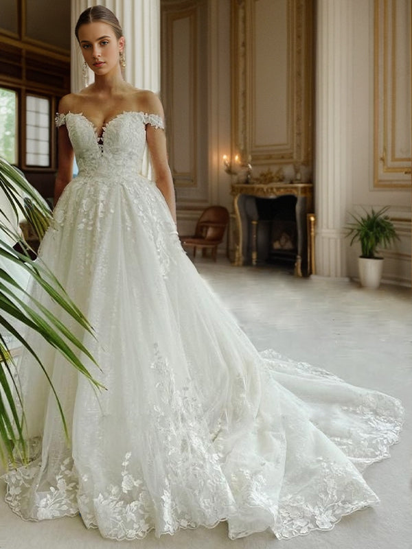 A-line Off-the-Shoulder Appliques Lace Cathedral Train Tulle Wedding Dress