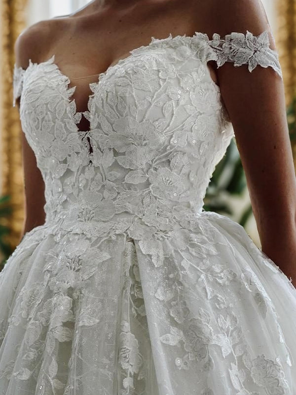A-line Off-the-Shoulder Appliques Lace Cathedral Train Tulle Wedding Dress