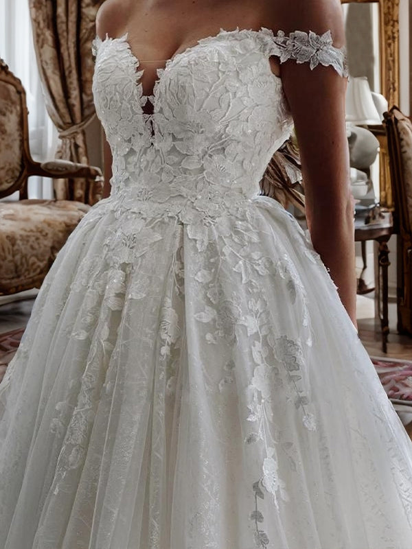 A-line Off-the-Shoulder Appliques Lace Cathedral Train Tulle Wedding Dress