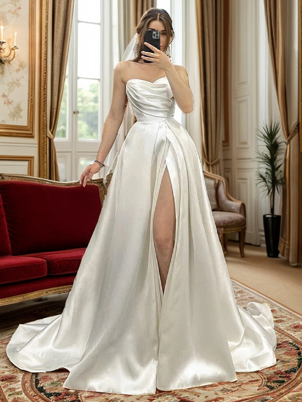 A-line Straight Pleated Court Train Satin Wedding Dress