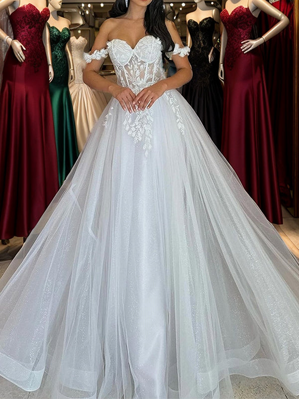 A-line Off-the-Shoulder Appliques Lace Floor-Length Tulle Corset Wedding Dress