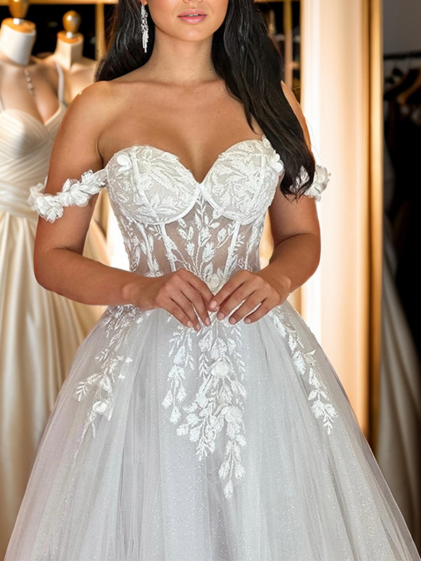 A-line Off-the-Shoulder Appliques Lace Floor-Length Tulle Corset Wedding Dress