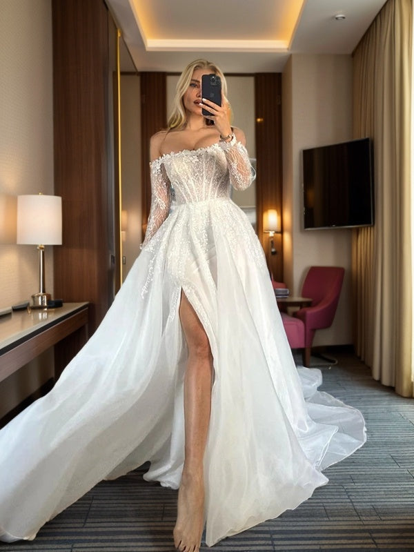 A-line Off-the-Shoulder Long Sleeves Appliques Lace Cathedral Train Organza Corset Wedding Dress