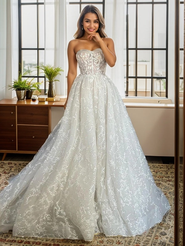 A-line Sweetheart Appliques Lace Cathedral Train Lace Corset Wedding Dress