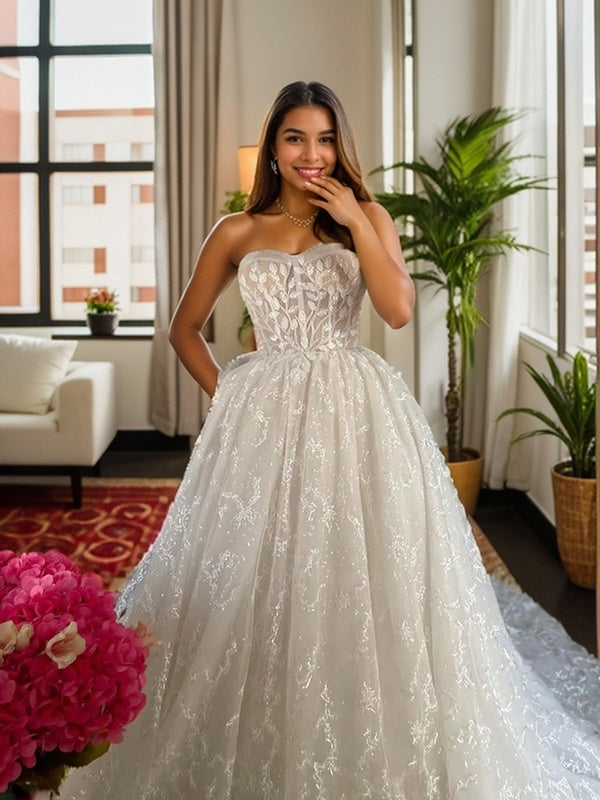 A-line Sweetheart Appliques Lace Cathedral Train Lace Corset Wedding Dress