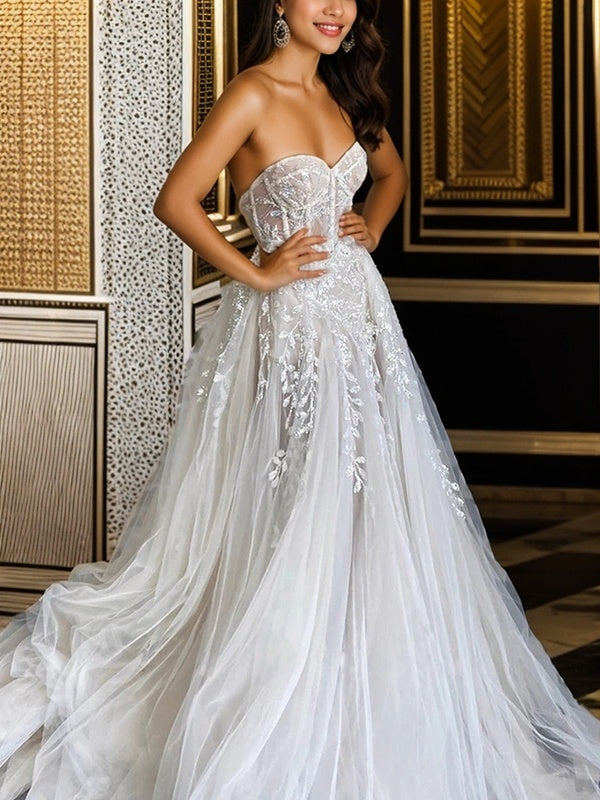 A-line Sweetheart Appliques Lace Court Train Tulle Corset Wedding Dress