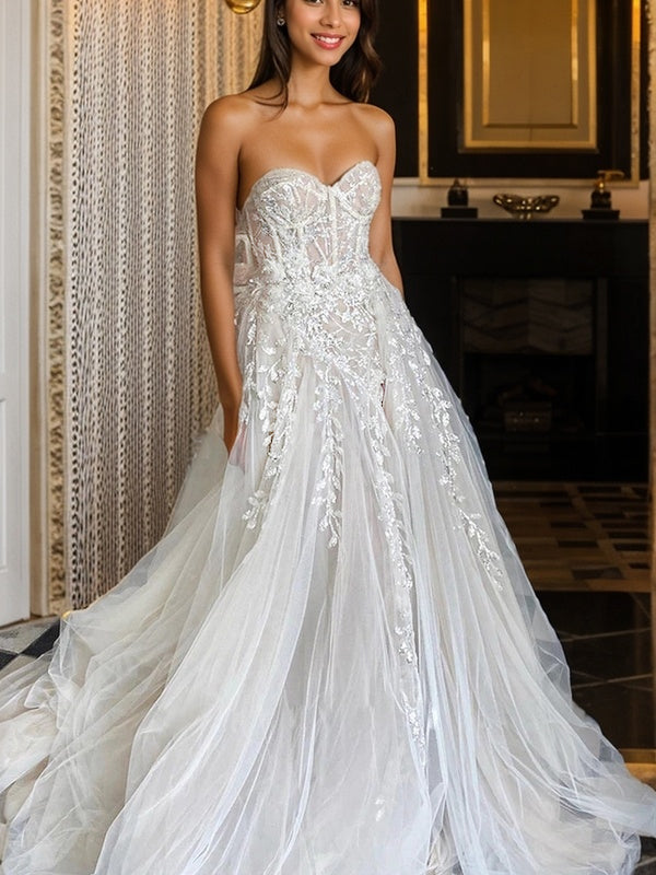 A-line Sweetheart Appliques Lace Court Train Tulle Corset Wedding Dress
