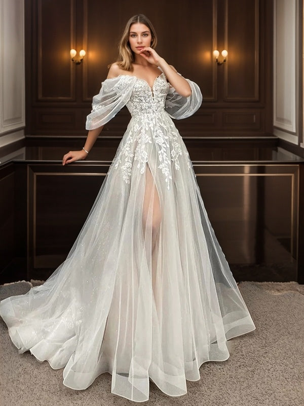 A-line Off-the-Shoulder Short Sleeves Appliques Lace Sweep Train Tulle Wedding Dress