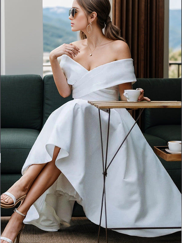 A-line Off-the-Shoulder Pleated Tea-Length Satin Wedding Dress