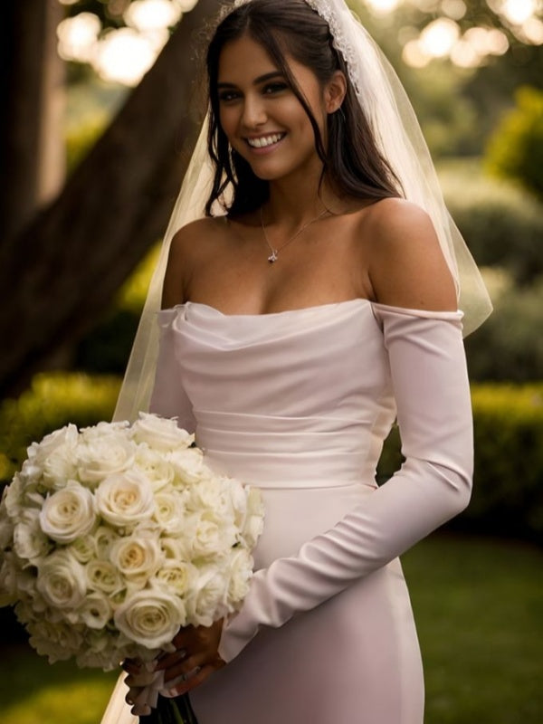 Sheath Off-the-Shoulder Long Sleeves Pleated Court Train Stretch Crepe Wedding Dress