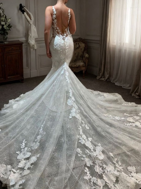 Sheath V-neck Appliques Lace Cathedral Train Tulle Corset Wedding Dress