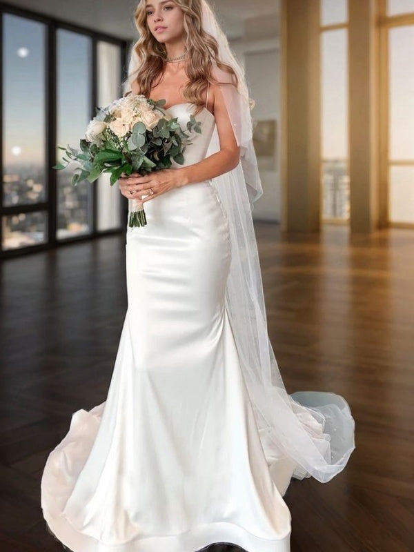 Sheath Spaghetti Straps Court Train Satin Wedding Dress