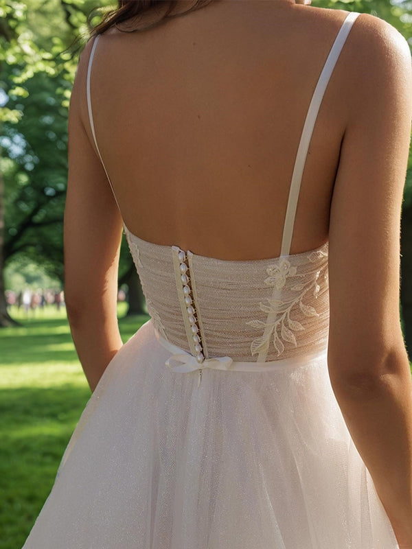 A-line Spaghetti Straps Appliques Lace Sweep Train Tulle Corset Wedding Dress