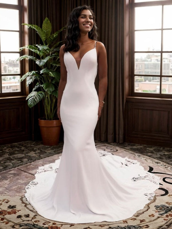 Mermaid V-neck Appliques Lace Cathedral Train Stretch Crepe Wedding Dress